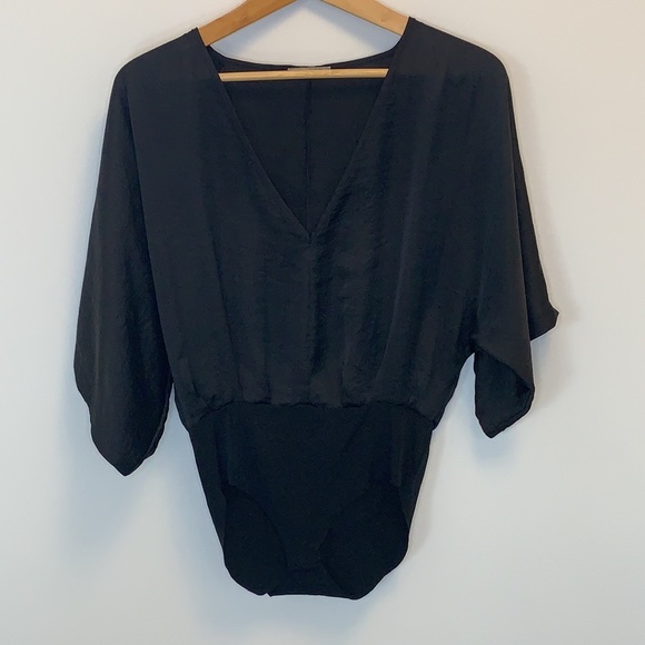 Zara Tops - ZARA Collection black satin v-neck bodysuit flowy short sleeved slits sz small